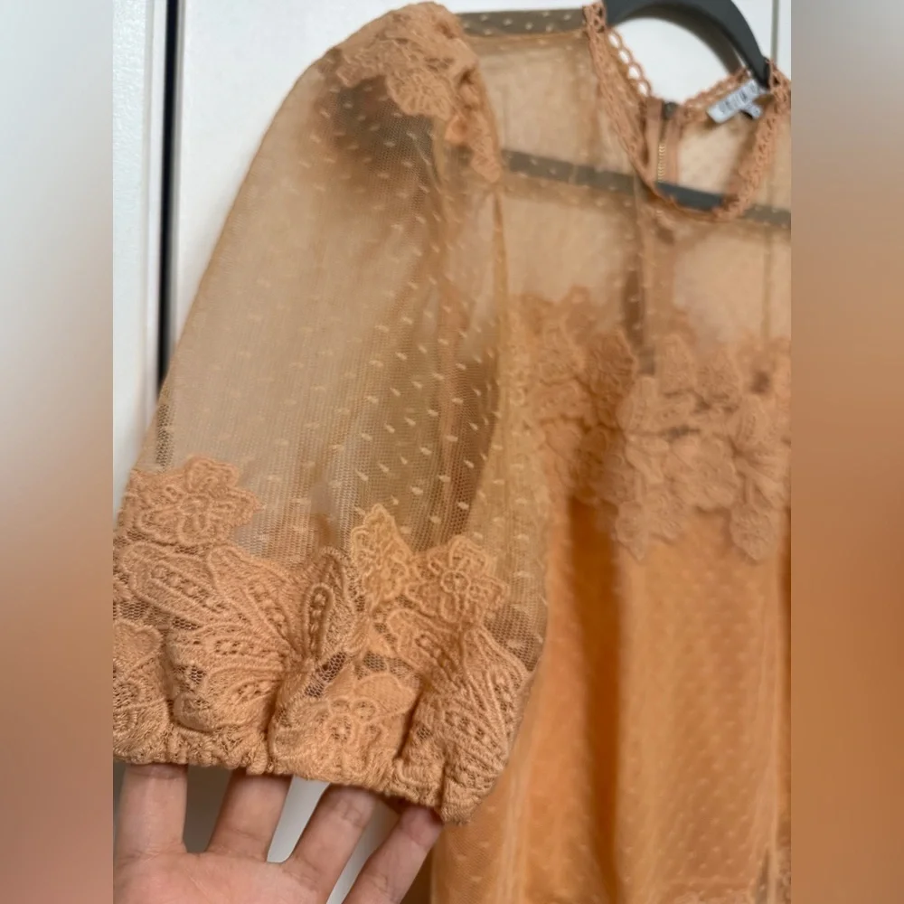 Story On Delicate Lace & Dot Mesh Puff-Sleeve Blouse in Rust SizeM - Picture 3 of 7
